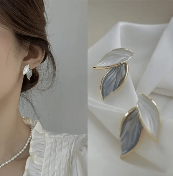 White leaf shape korean earrings